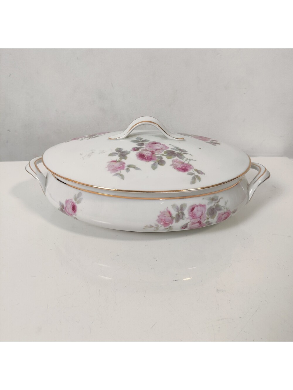 Antique Victoria Czechoslovakia Pink Roses Porcelain Covered Tureen Casserole